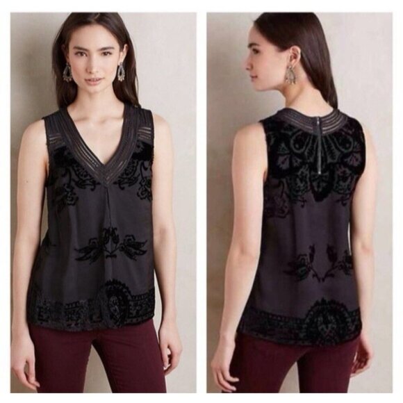 Anthropologie Meadow Rue Top Small Fanya Black Velvet Burnout Whimsigoth - Picture 1 of 11